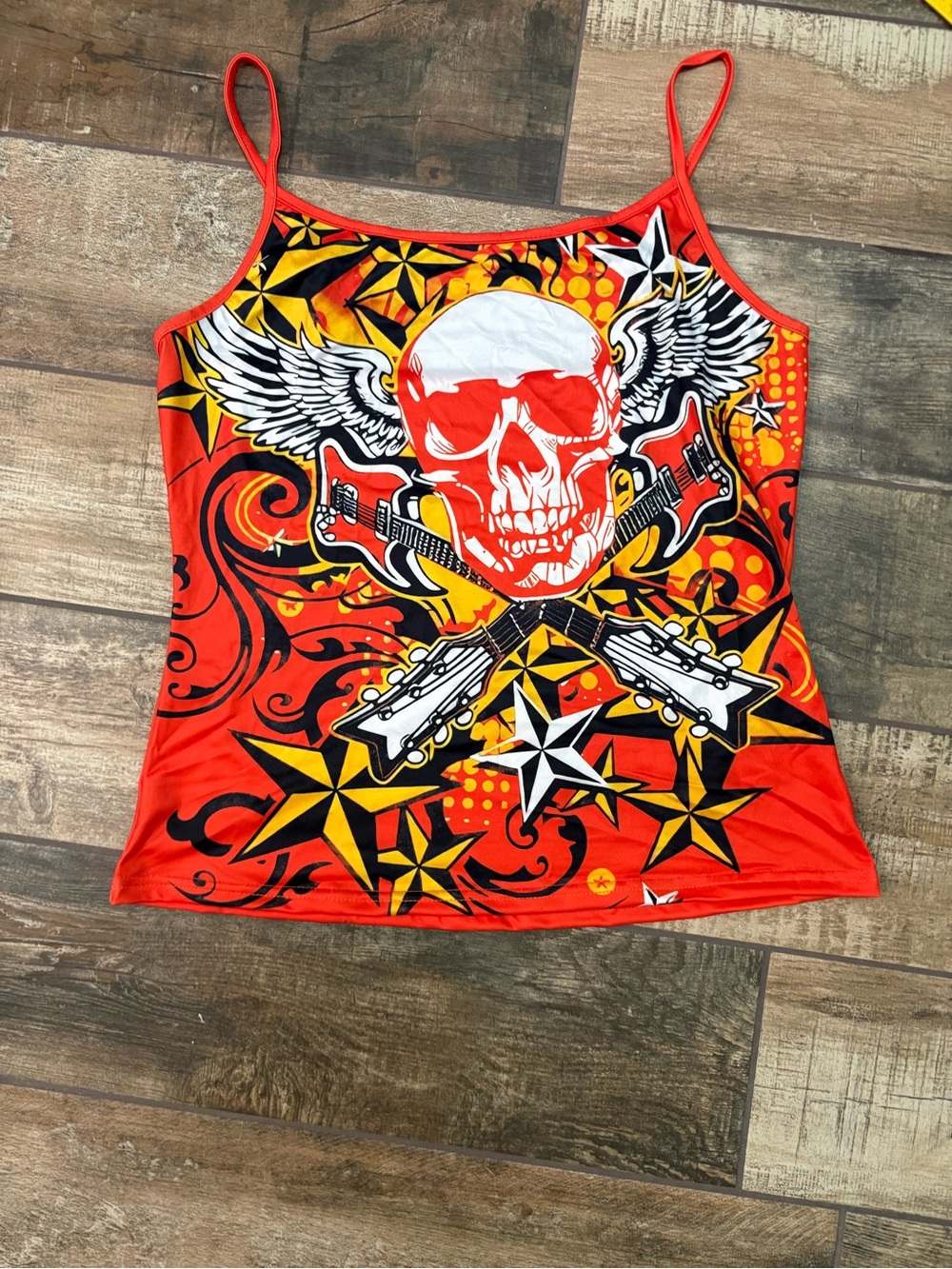 Orange Graphic Skull & Guitar Spaghetti Strap Tank Top